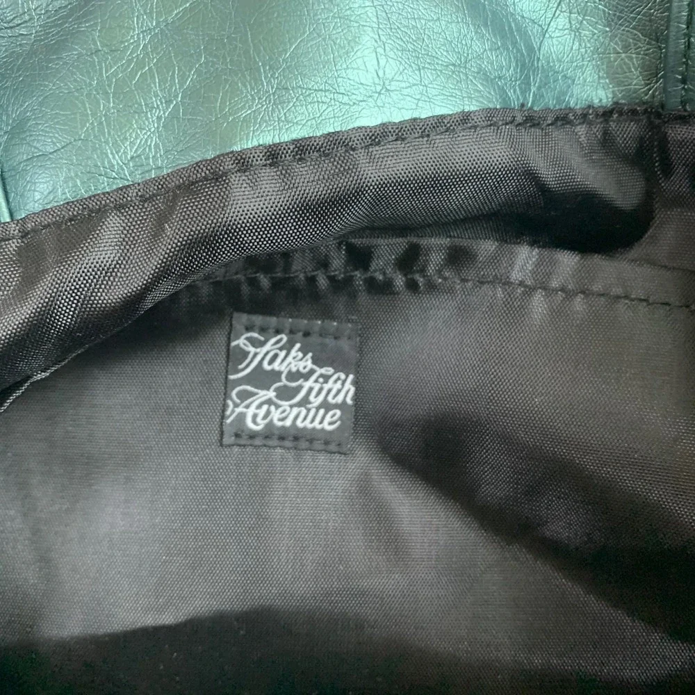 Saks Fifth Avenue Metallic Green Faux Leather Oversized Tote Bag Minimalist